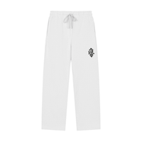 White drawstring sweatpants with a small black cartoon bear face logo on the left thigh, shown against a plain white background.