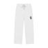 White drawstring sweatpants with a small black cartoon bear face logo on the left thigh, shown against a plain white background.