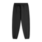 Black tapered jogger pants with a drawstring waist, side pockets, elastic cuffs.



