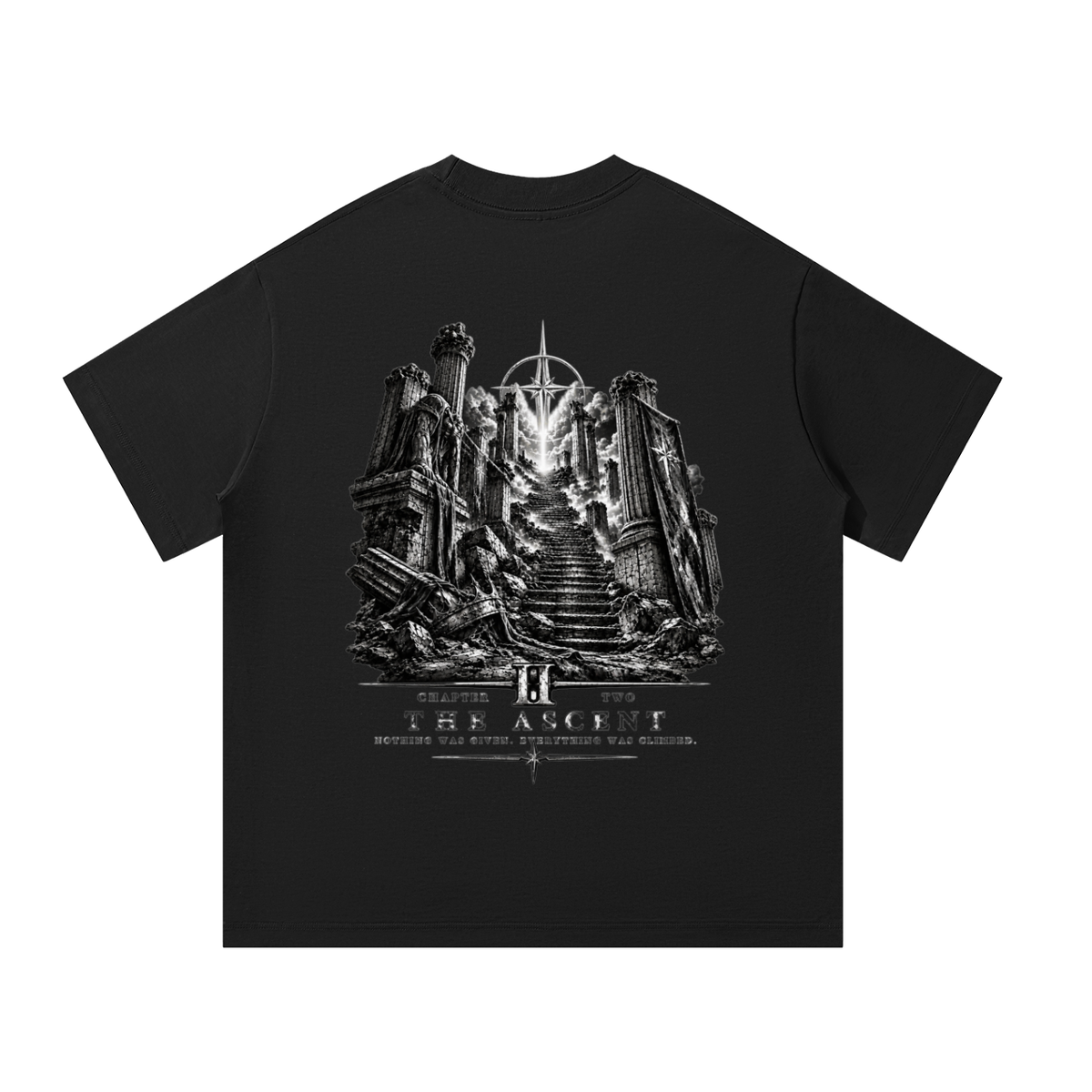 Black T-shirt featuring a monochrome gothic staircase ascending between crumbling stone pillars toward a radiant cross-inspired symbol, with “Chapter II The Ascent” lettering below.



