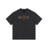 Black t-shirt with a small logo on a white background