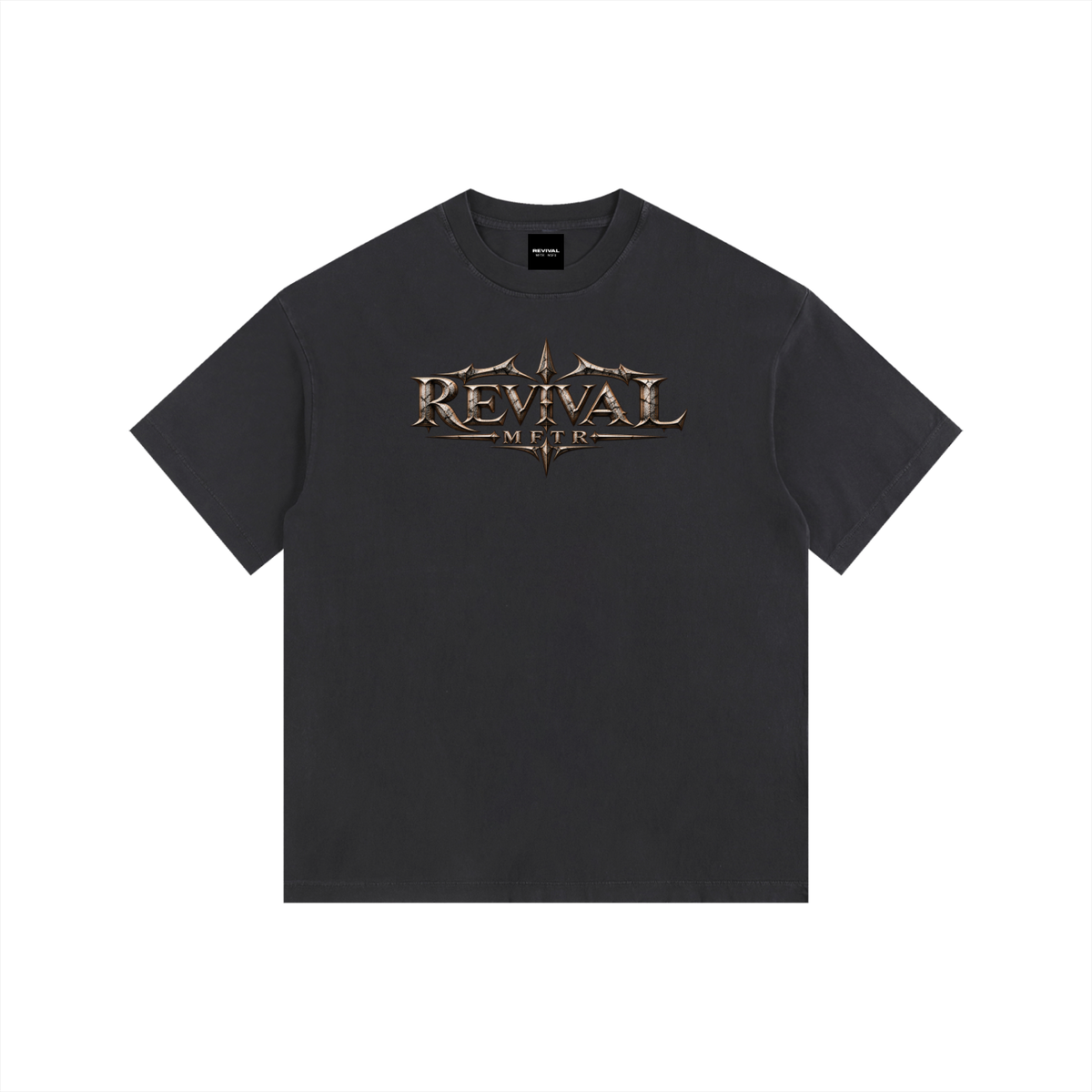 Black t-shirt with a small logo on a white background