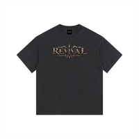 Black t-shirt with a small logo on a white background