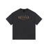 Black t-shirt with a small logo on a white background