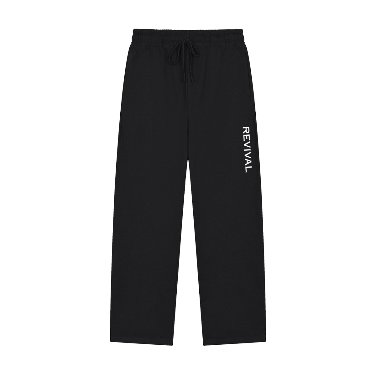 Black wide-leg sweatpants with a white vertical 'REVIVAL' text print on the left leg, featuring an elastic drawstring waistband, shown against a plain white background.
