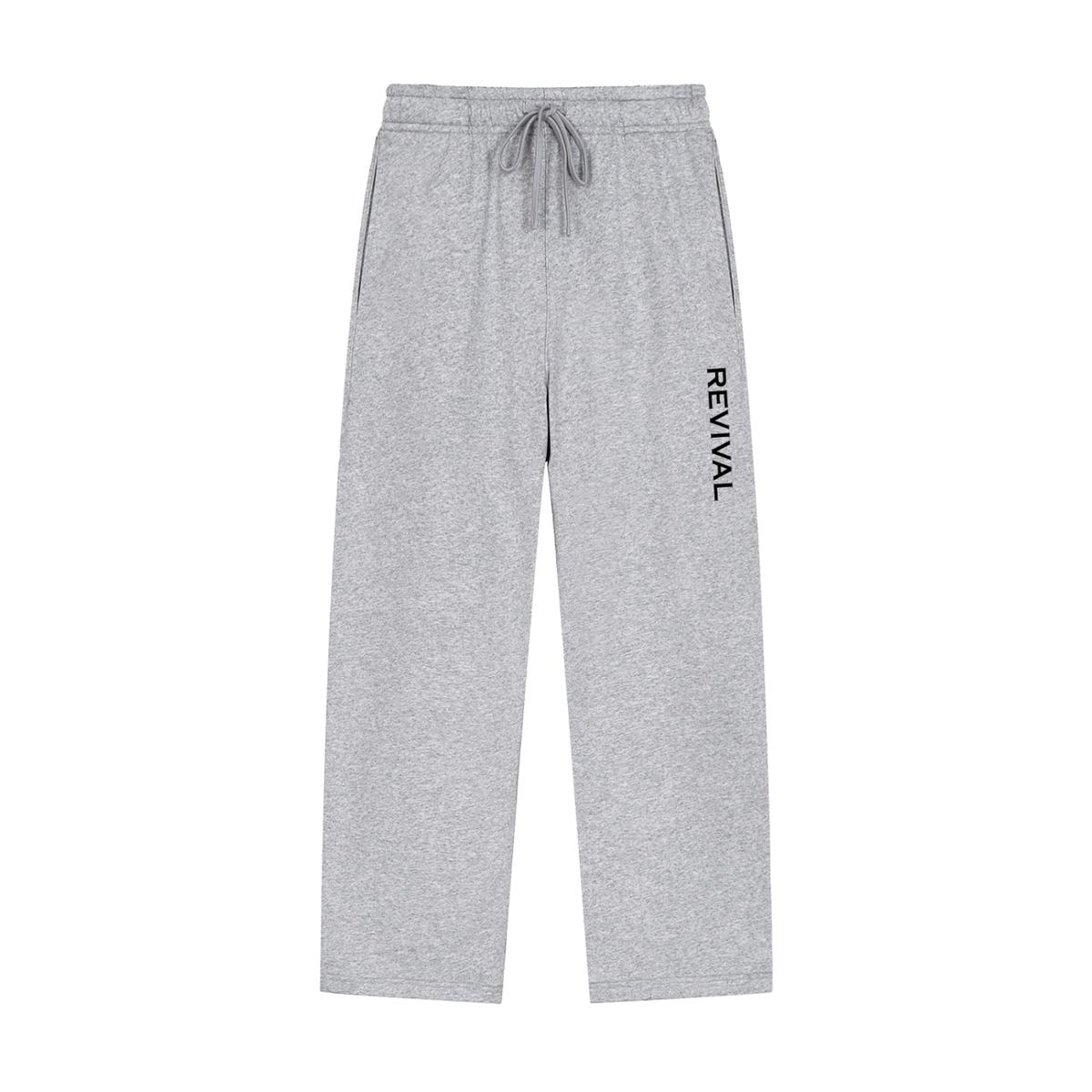 Light gray heather sweatpants with a drawstring waist and vertical black 'REVIVAL' text on the left leg, shown flat against a white background.