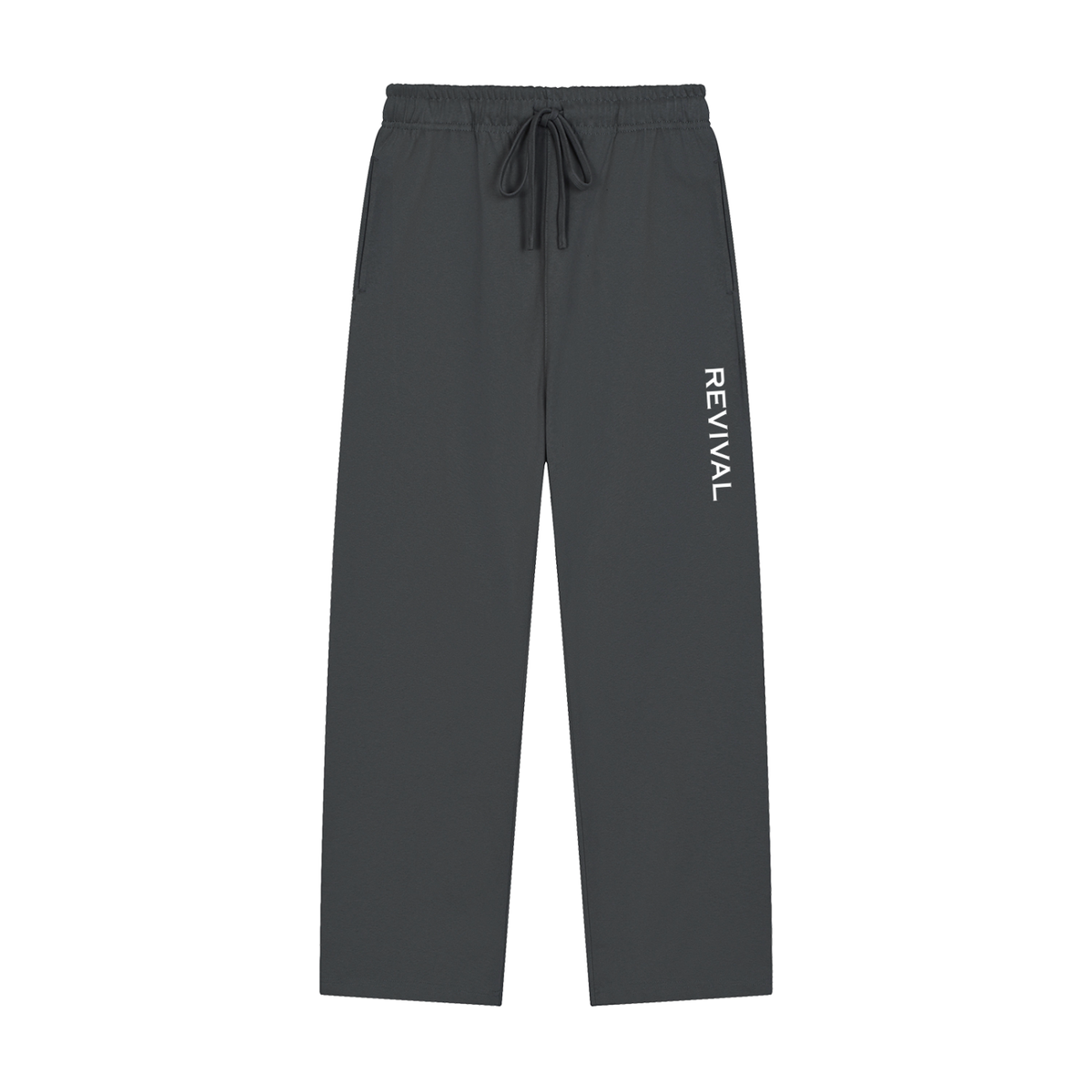 Dark gray jogger pants with an elastic drawstring waist and a vertical white 'REVIVAL' logo printed on the left leg, shown against a plain white background.