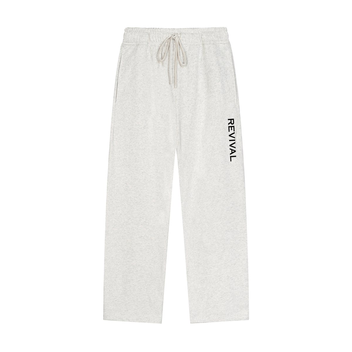 Light heather gray sweatpants with a drawstring waist and a vertical black 'REVIVAL' logo on the left leg, shown against a plain white background.