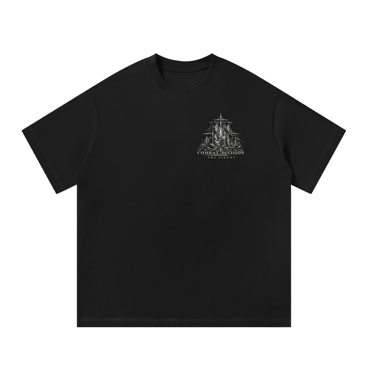 Black T-shirt featuring a monochrome gothic staircase ascending between crumbling stone pillars toward a radiant cross-inspired symbol, with “Chapter II The Ascent” lettering below.




