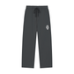Dark gray drawstring sweatpants with a white embroidered monogram logo on the left thigh, shown against a plain white background.