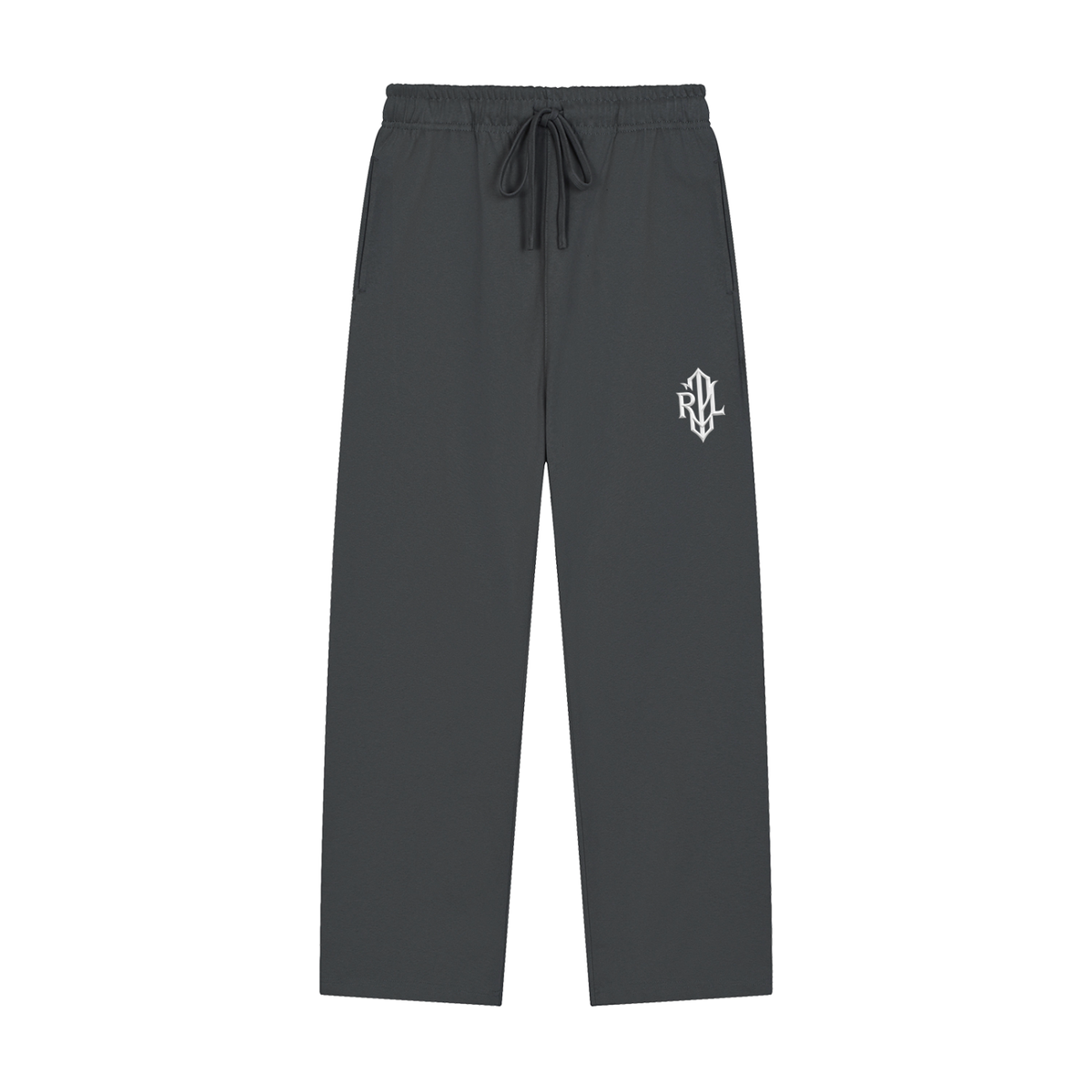 Dark gray drawstring sweatpants with a white embroidered monogram logo on the left thigh, shown against a plain white background.