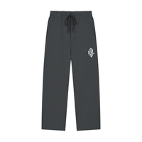 Dark gray drawstring sweatpants with a white embroidered monogram logo on the left thigh, shown against a plain white background.