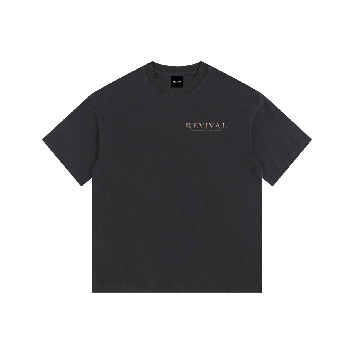 A dark charcoal gray short-sleeve t-shirt with 'REVIVAL' printed in a metallic gold serif font on the left chest, displayed flat against a solid white background.
