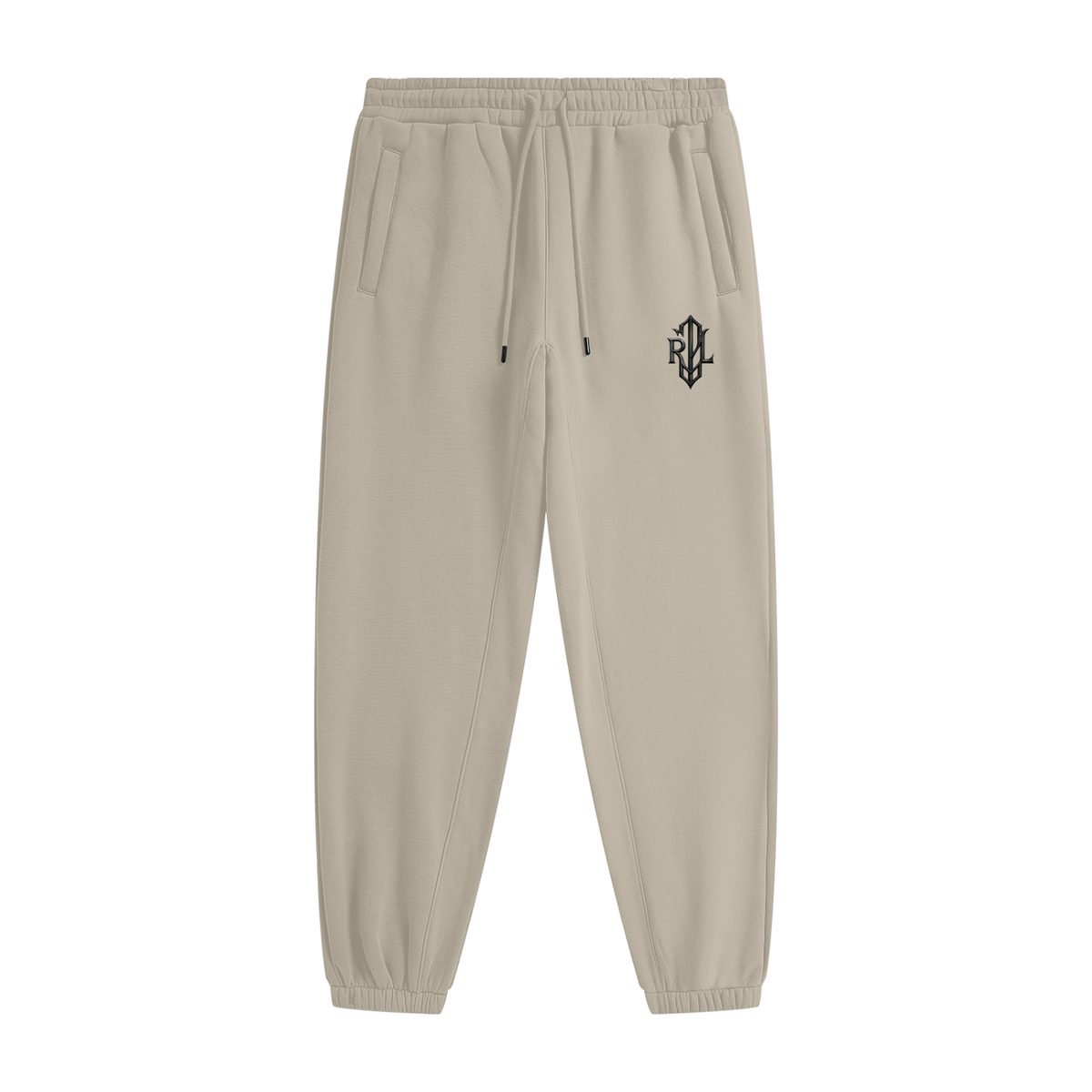Apricot jogger pants with a brand logo on a white background