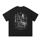 Black T-shirt featuring a monochrome industrial enclosure with steel beams, a harsh overhead spotlight, debris, and “Chapter II No Witnesses” lettering below.



