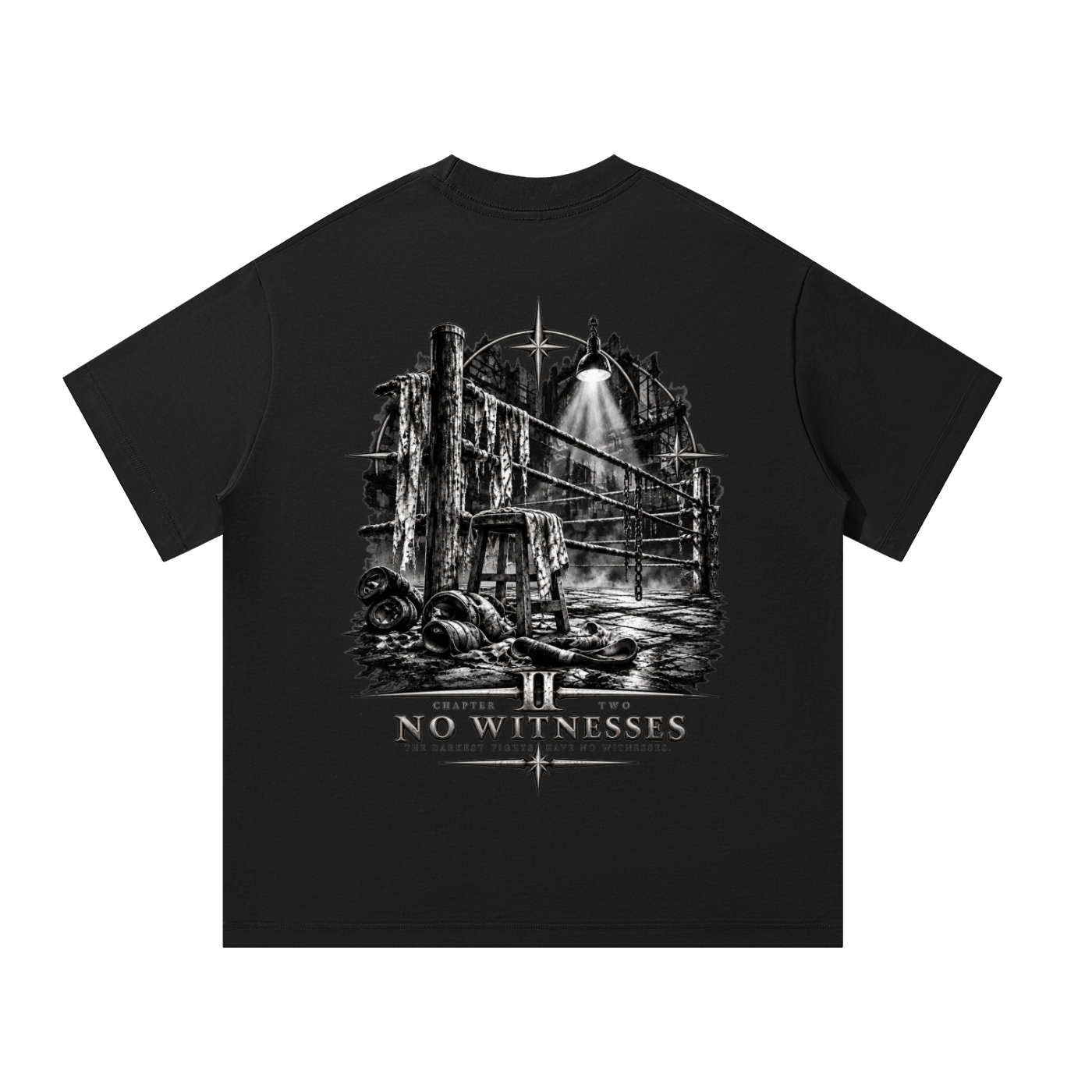Black T-shirt featuring a monochrome industrial enclosure with steel beams, a harsh overhead spotlight, debris, and “Chapter II No Witnesses” lettering below.



