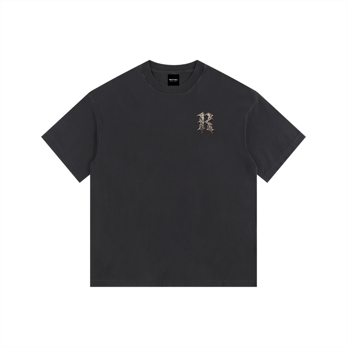 Black t-shirt with a logo on the chest against a white background