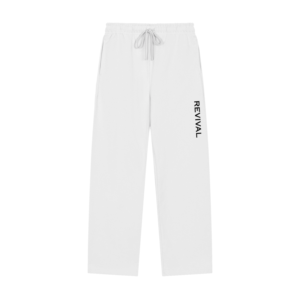 White sweatpants with a drawstring waist and a vertical black 'REVIVAL' logo printed on the left leg, shown against a plain white background.