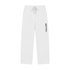 White sweatpants with a drawstring waist and a vertical black &