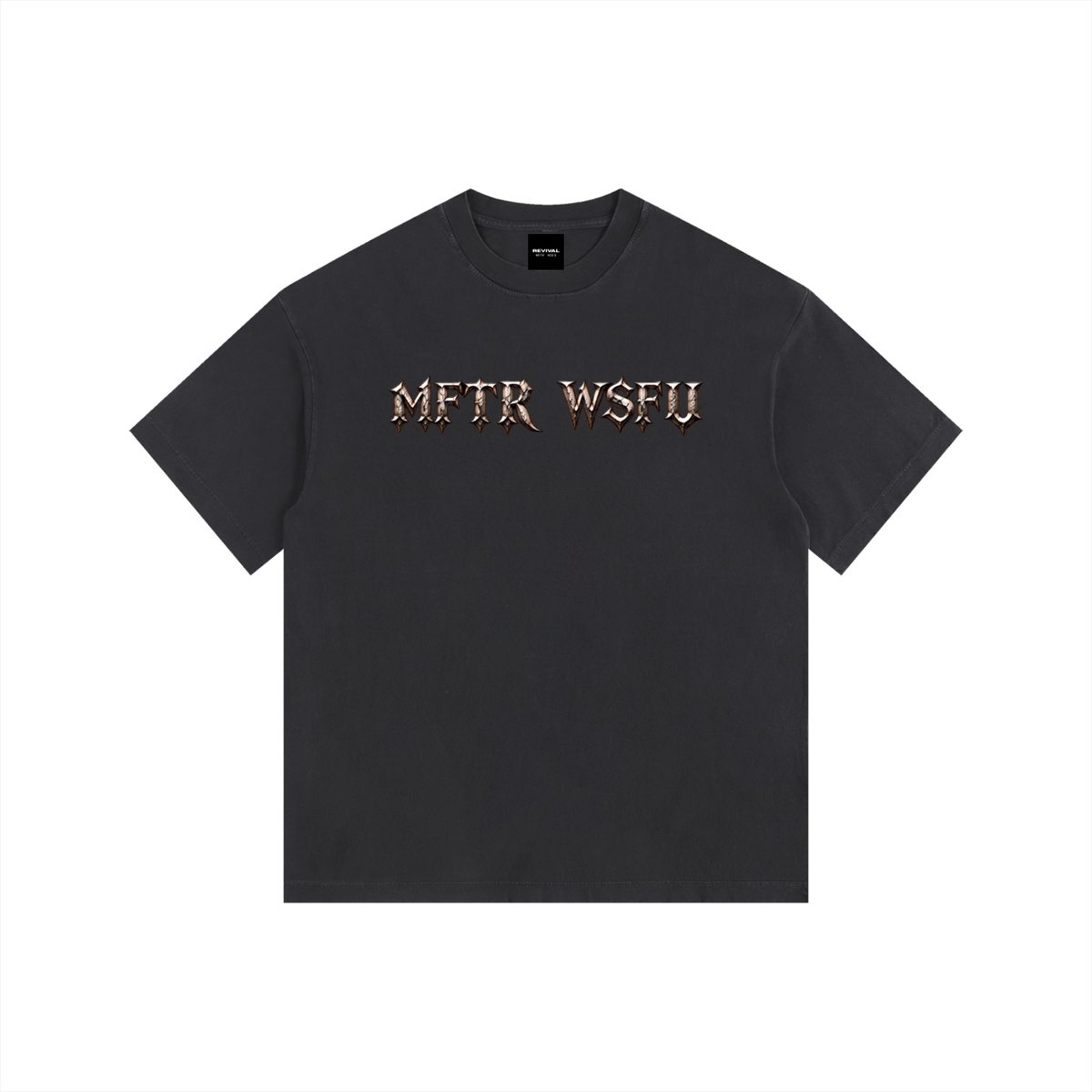 A dark charcoal gray crewneck t-shirt with the text 'MFTR WSFU' printed across the chest in a metallic gold and silver gothic font, displayed on a clean white background.