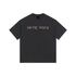 A dark charcoal gray crewneck t-shirt with the text &