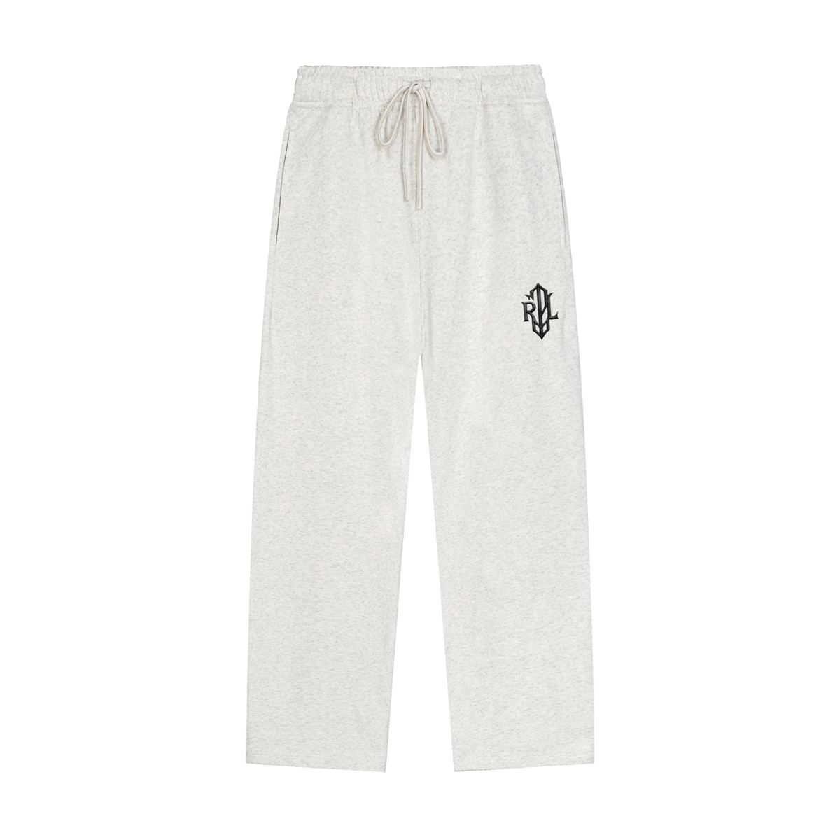 Light heather gray sweatpants with an elastic drawstring waist and a small green circular patch on the left thigh, shown against a plain white background.