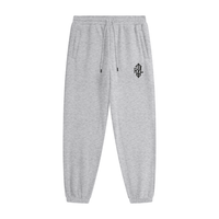 Gray jogger pants with a brand logo on a white background