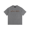 Gray t-shirt with a logo on the chest against a white background