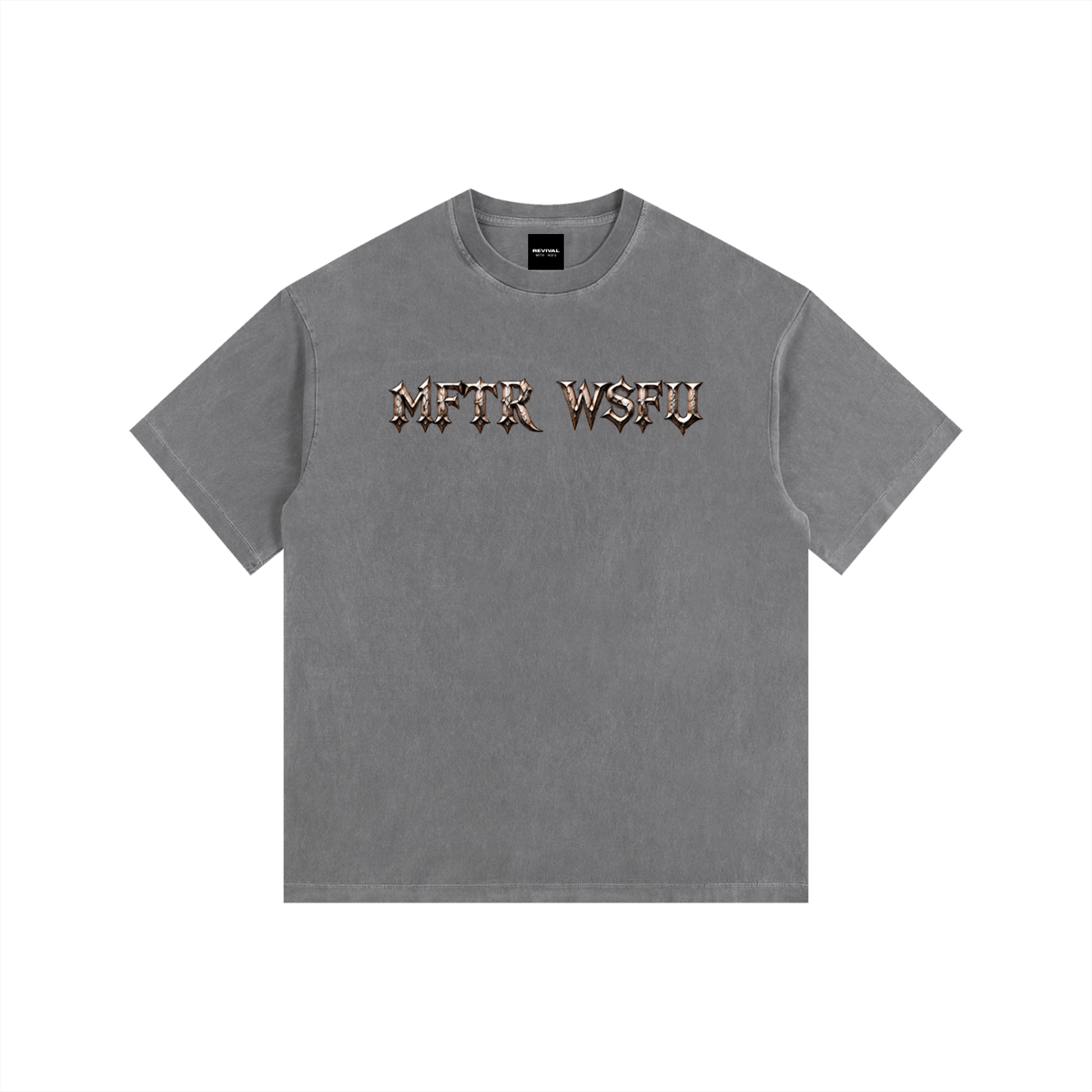 Gray t-shirt with a logo on the chest against a white background