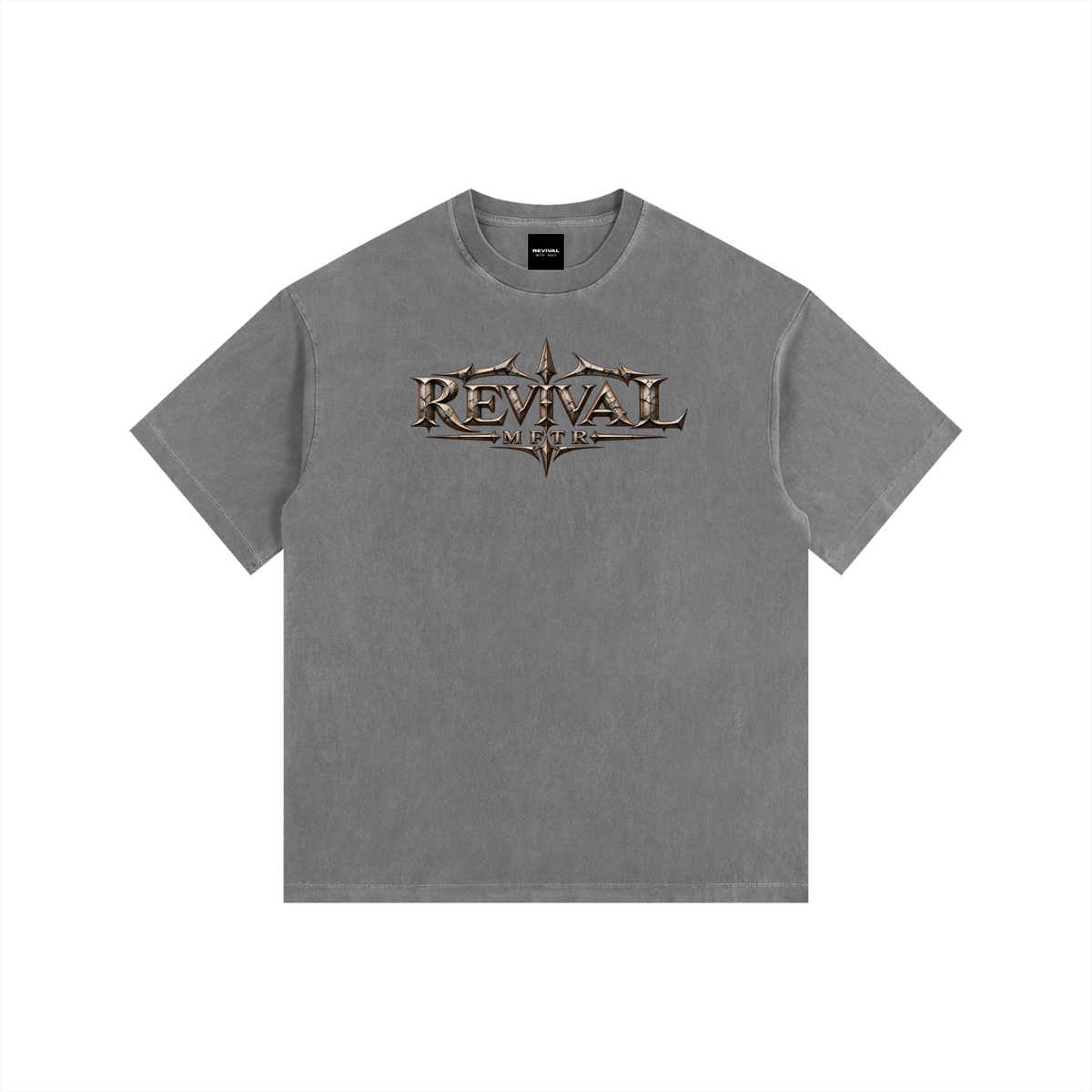 A gray short-sleeve t-shirt with a distressed metallic bronze graphic on the chest reading 'REVIVAL MARCH'. The t-shirt is displayed flat against a solid white background.