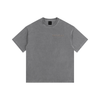 Gray t-shirt with white text on a white background