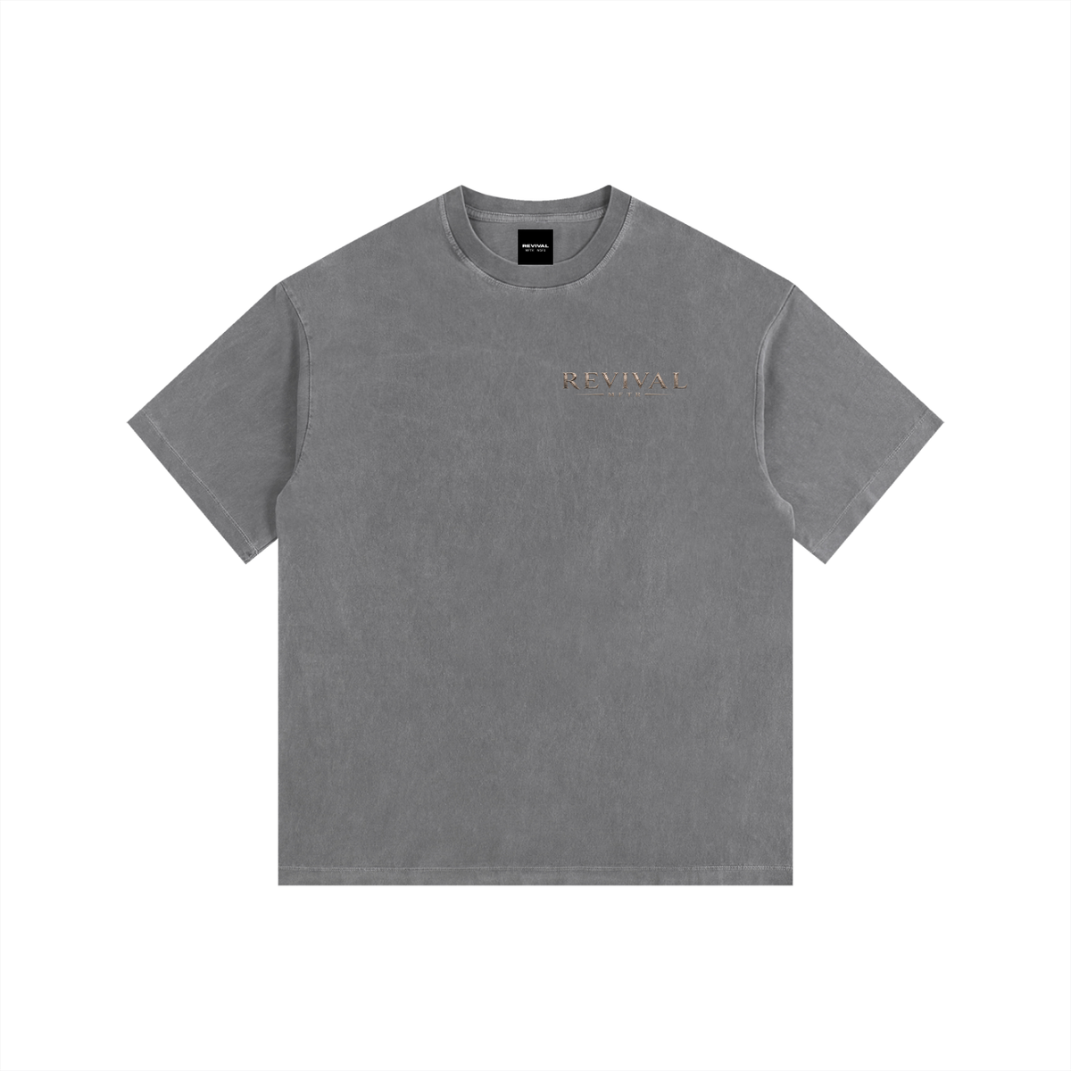 Gray t-shirt with white text on a white background