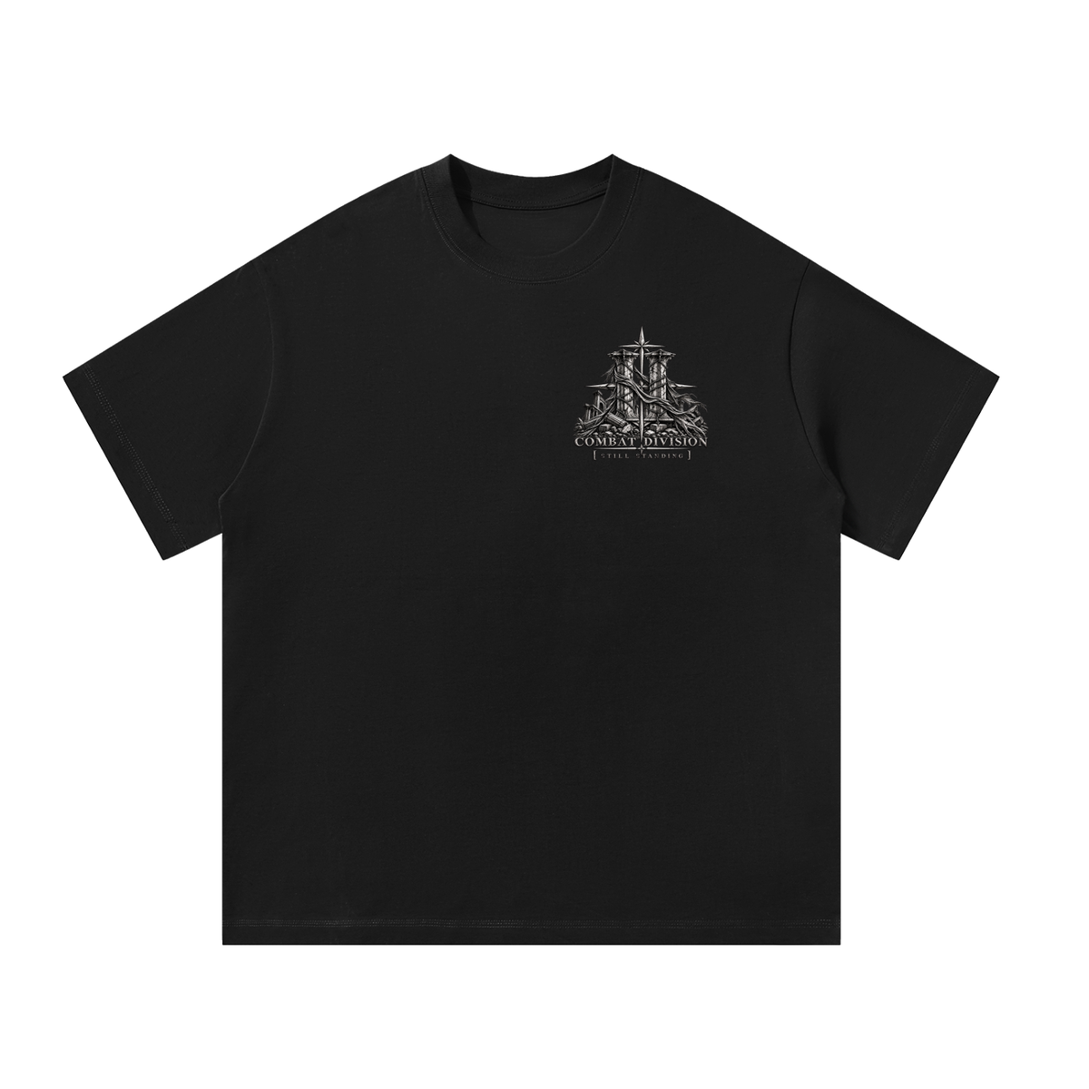 Black T-shirt featuring a monochrome gothic ruins graphic with a central cross-like figure and “Still Standing” Chapter II lettering.



