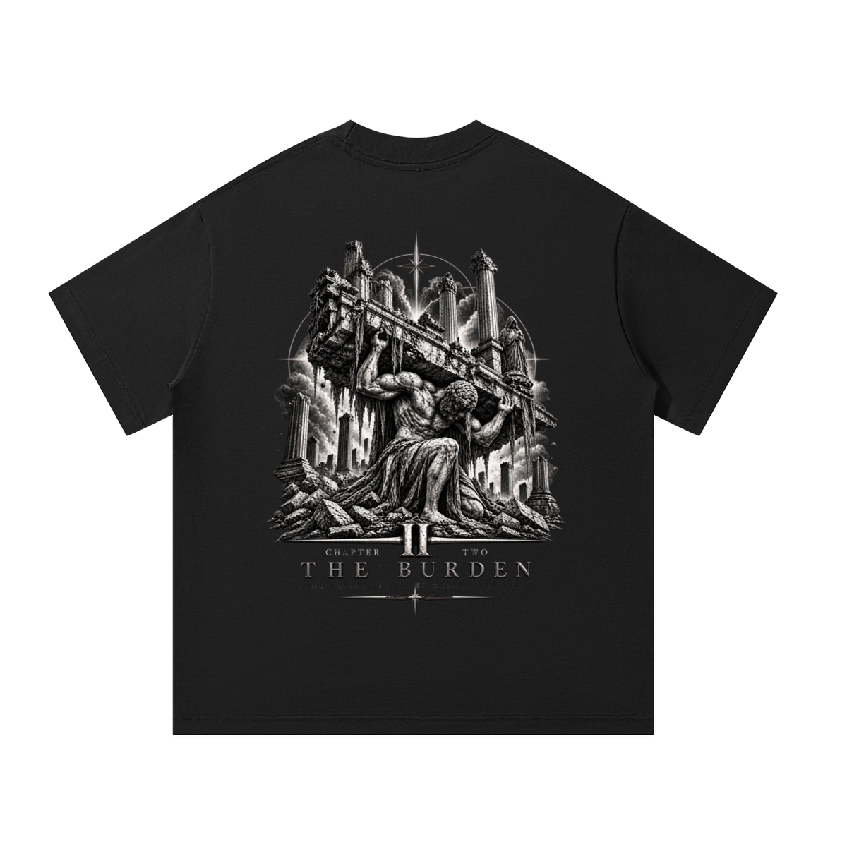 Black T-shirt featuring a monochrome gothic illustration of a kneeling figure carrying a massive stone structure, with “Chapter II The Burden” lettering below.



