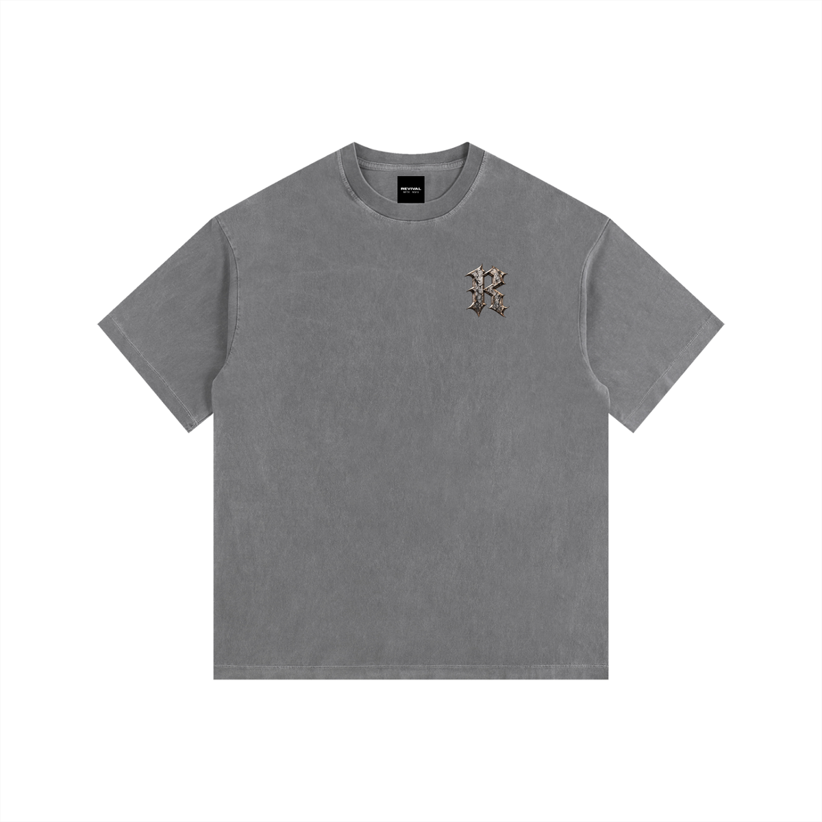 A gray short-sleeve crewneck t-shirt with a small gold graphic on the left chest, displayed flat against a solid white background.