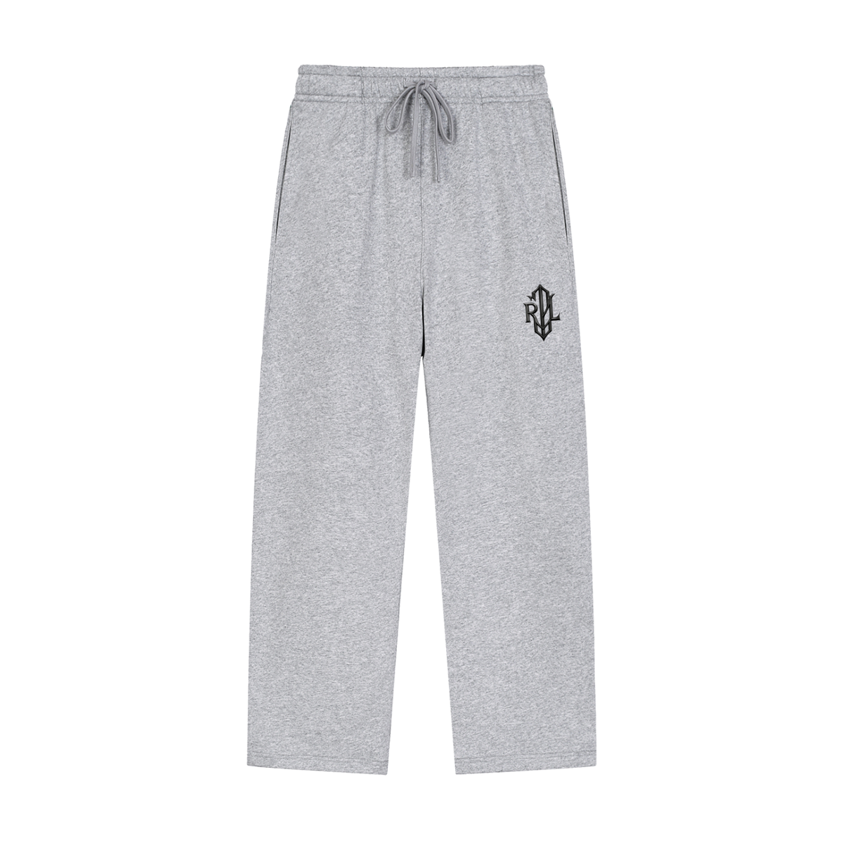 Light heather gray sweatpants with a drawstring waist and a small embroidered graphic on the left thigh, shown against a plain white background.