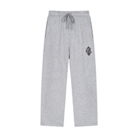 Light heather gray sweatpants with a drawstring waist and a small embroidered graphic on the left thigh, shown against a plain white background.