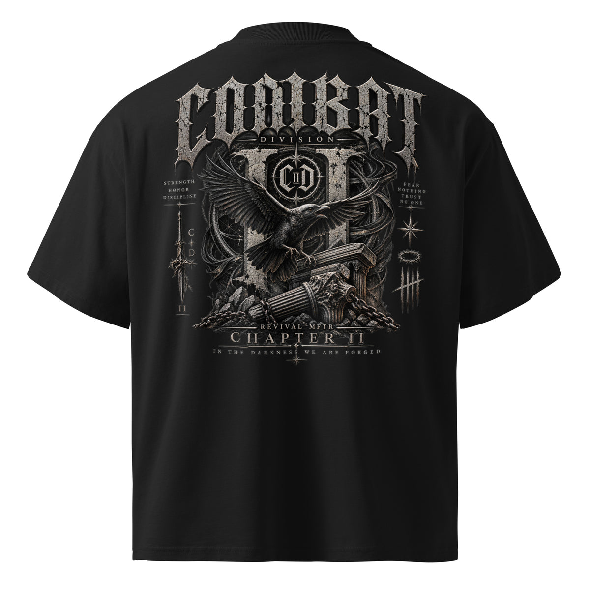 REVIVAL MFTR Combat Crow oversized black graphic tee with raven and gothic Combat Division Chapter II artwork