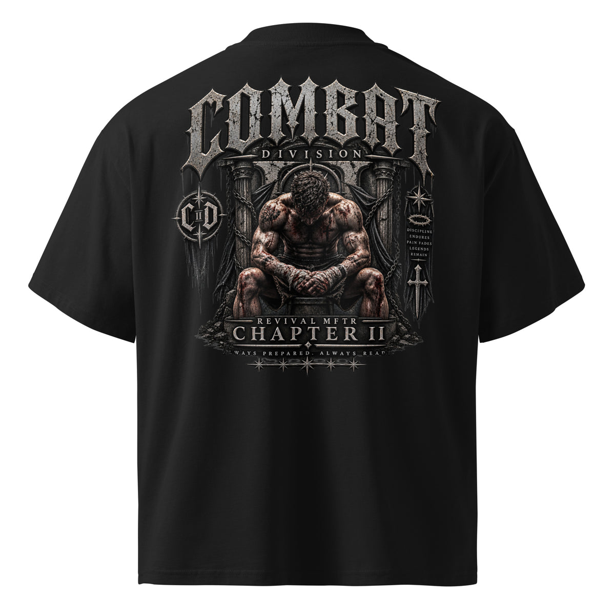 Combat Throne oversized black graphic tee featuring seated fighter artwork from REVIVAL MFTR Combat Division Chapter II