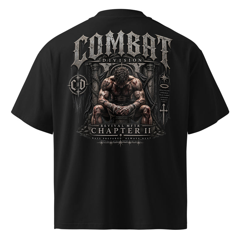 Combat Throne oversized black graphic tee featuring seated fighter artwork from REVIVAL MFTR Combat Division Chapter II