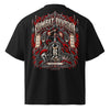 Combat Reckoning oversized black graphic tee with hooded warrior wolves and hourglass artwork from REVIVAL MFTR Combat Division Chapter II