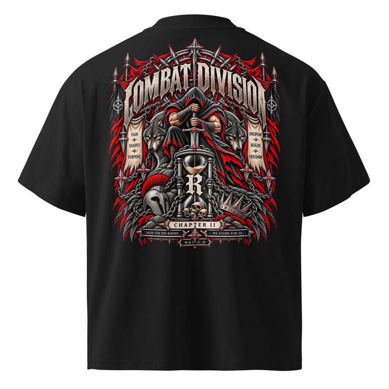 Combat Reckoning oversized black graphic tee with hooded warrior wolves and hourglass artwork from REVIVAL MFTR Combat Division Chapter II