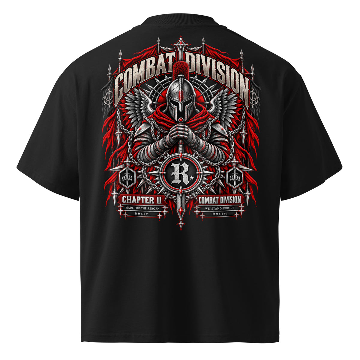 Combat Sentinel oversized black graphic tee featuring armored warrior wings and red gothic artwork from REVIVAL MFTR Combat Division Chapter II