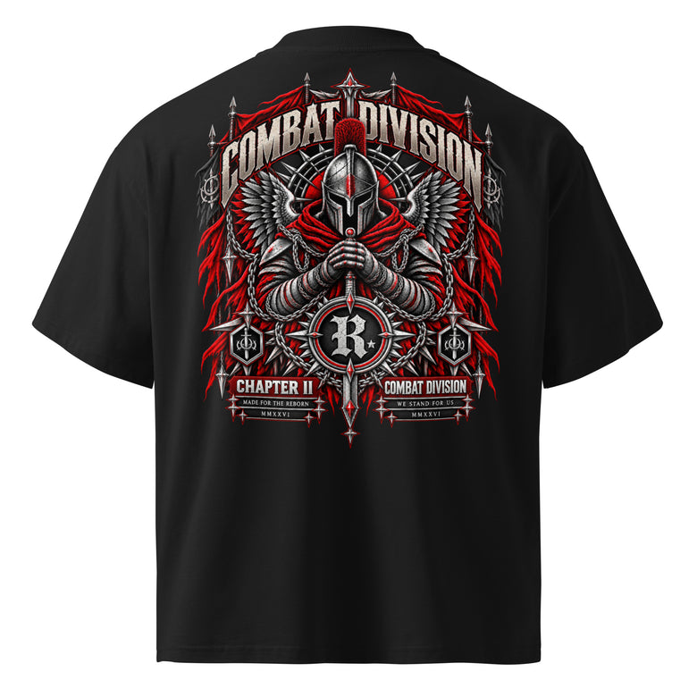Combat Sentinel oversized black graphic tee featuring armored warrior wings and red gothic artwork from REVIVAL MFTR Combat Division Chapter II