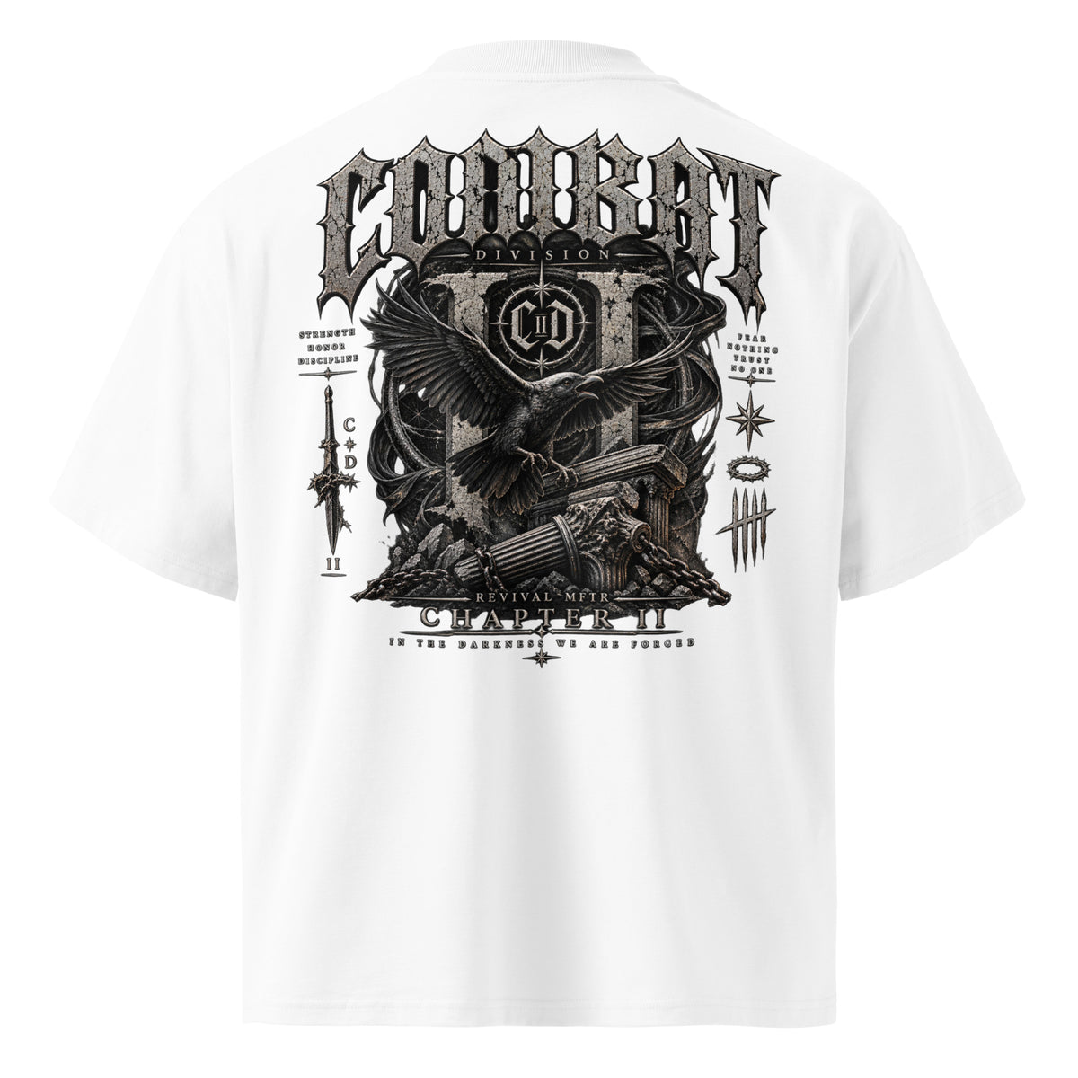 REVIVAL MFTR Combat Crow oversized black graphic tee with raven and gothic Combat Division Chapter II artwork