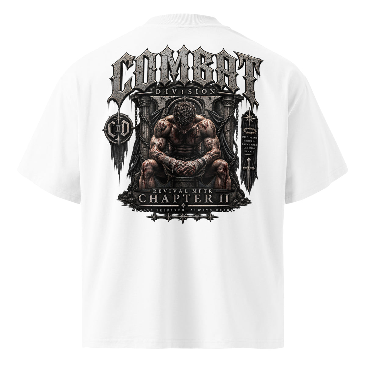 Combat Throne oversized black graphic tee featuring seated fighter artwork from REVIVAL MFTR Combat Division Chapter II