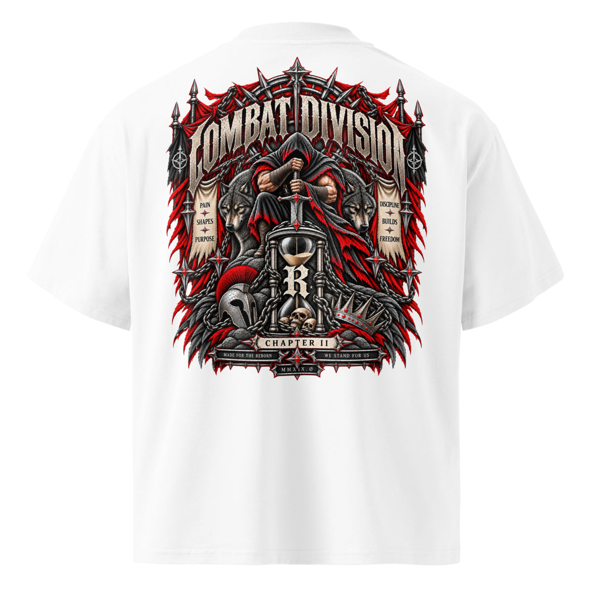 Combat Reckoning oversized black graphic tee with hooded warrior wolves and hourglass artwork from REVIVAL MFTR Combat Division Chapter II