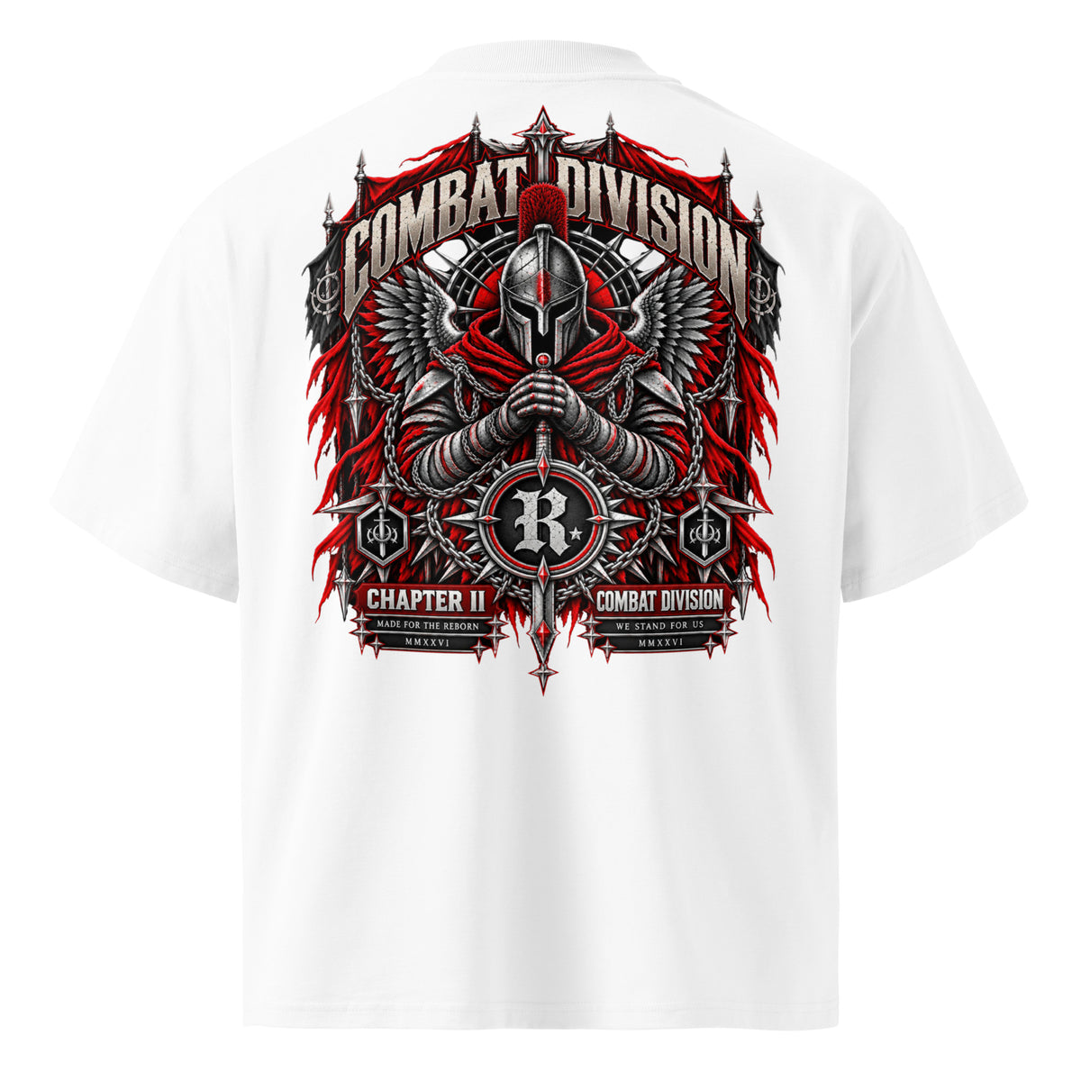 Combat Sentinel oversized black graphic tee featuring armored warrior wings and red gothic artwork from REVIVAL MFTR Combat Division Chapter II