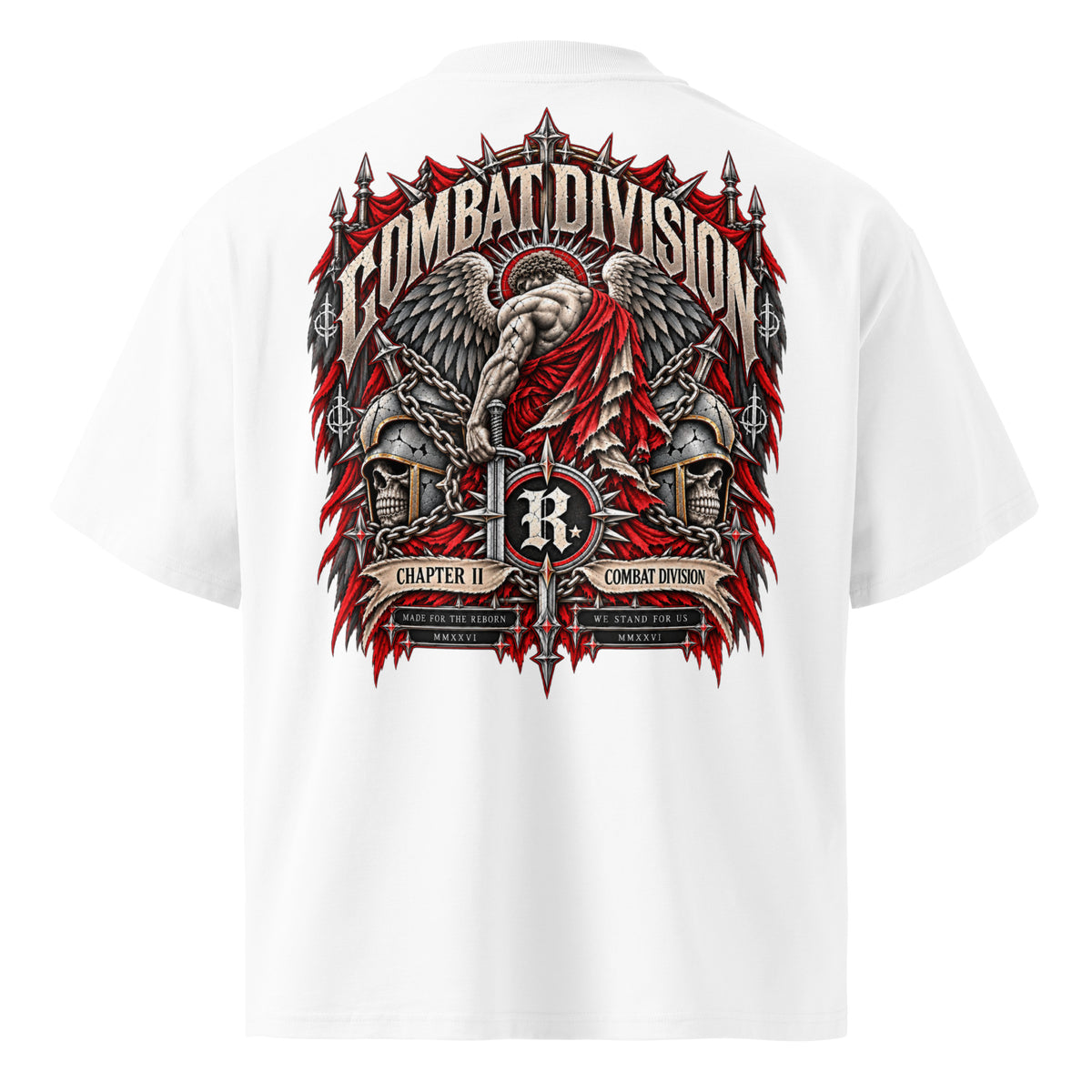 Combat Reborn oversized black graphic tee with winged warrior sword and gothic artwork from REVIVAL MFTR Combat Division Chapter II